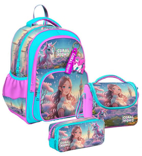Coral High Üç Bölmeli Turkuaz Pembe Anime Kız, Kız Çocuk, İlkokul Üçlü Okul Çanta Seti