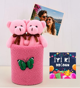 Doğum Günü Hediyesi Kişiye Özel Fotoğraflı 2'li Peluş Ayıcıklı Buket (pembe-pembe)