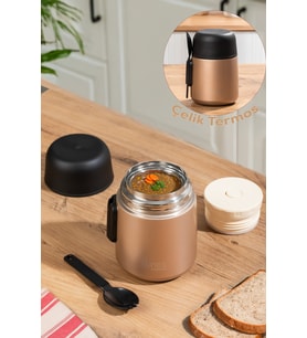 Paslanmaz Çelik Vakumlu Yemek Termosu Taşınabilir 600ml Bronz