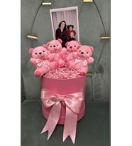 Premium Kişiye Özel Fotoğraf Hediyeli 4 Lü Pembe Ayıcık Buketi