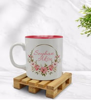 BK Gift Kişiye Özel Çiçek Tasarımlı İçi Kırmızı Renkli Kupa Bardak Model 23