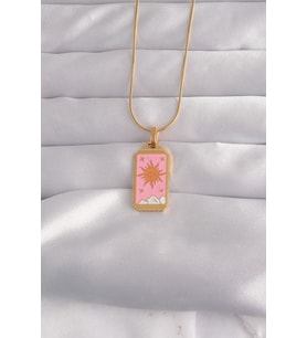 316L Çelik Gold Renk Pembe Mineli Güneş Model Tarot Kolye TJ-BKO9029