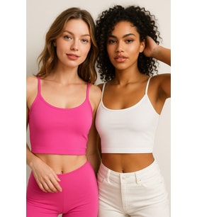 Kadın 2'li Paket Beyaz Pembe Kısa Crop İp Askılı Krop Bluz Büstiyer