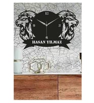 Kişiye Özel Ikili Aslan Kafası Dekoratif Ahşap Duvar Saati ( 50x32 cm)