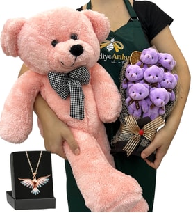 7'li Peluş Ayıcık Buketi, Renkli Anka Kuşu Kolye ve Pembe Peluş Ayıcık (Model 4)