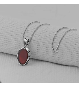 Kırmızı Akik Taşlı Oval 925 Ayar Gümüş Erkek Kolye