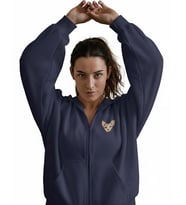 Kadın Sphynx Kedi Baskılı Tam Boy Fermuarlı Oversize Hoodie (Lacivert)