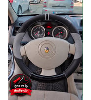 Renault Scenic 2 Dikme Direksiyon Kılıfı Delikli Deri Parlak Siyah Gri Detay Çift Yüzük ve Dikiş 2003-2009