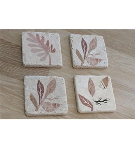 Pembe Desenli Yapraklar Doğal Taş Bardak Altlığı 4'lü set - Natural Stone Coasters