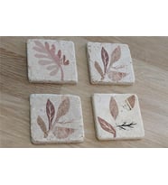 Pembe Desenli Yapraklar Doğal Taş Bardak Altlığı 4'lü set - Natural Stone Coasters