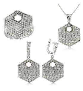 Gümüş Zirkon Taşlı Altıgen Bayan Set (Standart)