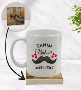 BK Gift Kişiye Özel Canım Babam Tasarımlı Beyaz Kupa Bardak ve Ahşap Bardak Altlığı Hediye Seti - Model 2