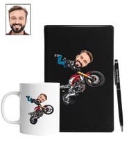Kişiye Özel Motorcu Tasarımlı Karikatür Siyah Defter Kalem Kupa Seti 114