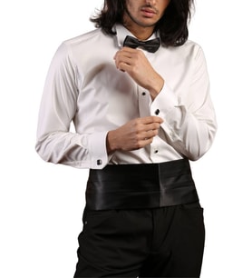 Krem Yakma Desenli Siyah Taş Düğmeli Damatlık Ata Yaka Kol Düğmeli Slim Fit Smokin Gömlek - 023