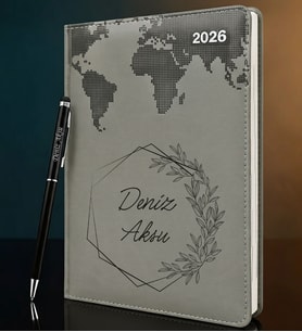 BK Gift Kişiye Özel İsimli Termo Sert Kapak 2026 Gri Ajanda & Kalem -9, Öğretmenler Günü Hediyesi, Yeni İş Hediyesi