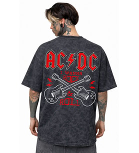 AC DC I Wanna Rock And Roll Müzik Grubu Sırt Baskılı Unisex Oversize Eskitme Yıkamalı Tişört