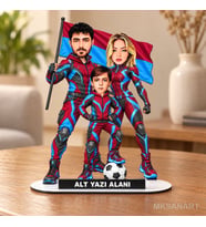 Kişiye Özel 3 Kişilik Bordo Mavi Aile Süper Karikatürlü 18 cm MDF Masaüstü Biblo - Futbol Temalı Hediye Futbol Severlere ve Spor Tutkunlarına Hediye