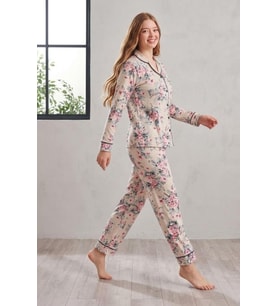 Mecit 6354 Çiçek Desenli Boydan Düğmeli Kadın Pijama Takımı