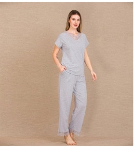 Amora Secret Viskon Şık Tasarım Dantel İşlemeli Gri Kısa Kol Pijama Takımı