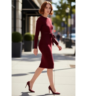 Kadın Düz Desen Akrilik Triko Midi Elbise Kuşaklı Uzun Kollu Rahat Bodycon Kesim İlkbahar Sonbahar