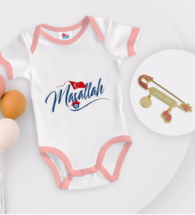 BK Kids Kişiye Özel Maşallah Tasarımlı Pembe Bebek Body Zıbın ve Kız Bebek İğnesi Hediye Seti-3