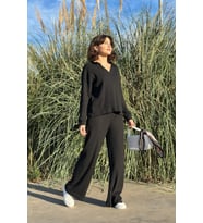 Nare Şardonlu Gömlek Yaka Siyah Bluz Pantolon Alt Üst Takım (Siyah)