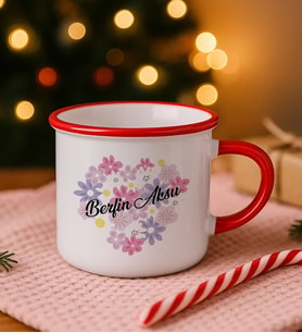 BK Gift Kişiye Özel Çiçek Tasarımlı Kırmızı Emaye Kupa Bardak -17, Arkadaşa Hediye, Sevgiliye Hediye