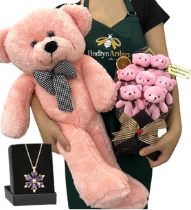 Kişiye Özel Hediye Seti - Ametist Taşlı Lotus Kolye, 7'li Ayıcık Buketi ve Pembe Peluş Ayıcık (Model 5)