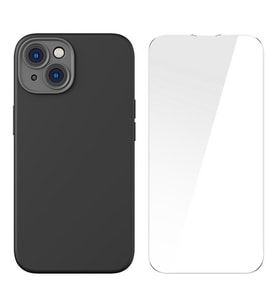 Baseus Liquid Silica Gel iPhone 14 Plus 6.7 Magsafe Silikon Kılıf + Tempered Ekran Koruyucu Set (Siyah)