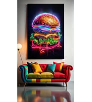 NEON TONLARDA HAMBURGER V1 Ev Duvar Salon Güzellik Salonu Ofis Dükkan Dekarasyon Kanvas Tablo (Çok Renkli)