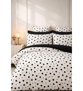 More Home  Çift Kişilik Nevresim Takımı Lastikli Çarşaflı  Kalp Desenli Siyah Beyaz