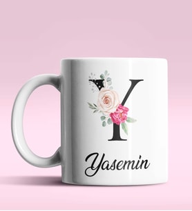 Kişiye Özel Y Harfi Temalı Gül Tasarım Beyaz Renk Kupa