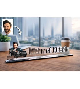 Kişiye Özel Arabalı Karikatürlü 30 cm Ayna Pleksi Masaüstü İsimlik - Yeni Araba Hediyesi Galericiye ve Araba Tutkununa Hediye