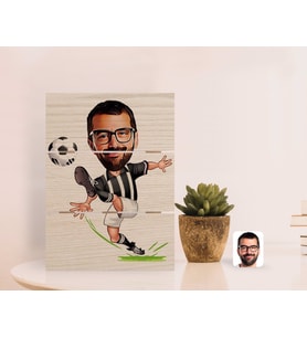 BK Gift Kişiye Özel Siyah Beyaz Futbolcu Karikatürlü Otantik Masaüstü Ahşap Palet Çerçeve-1