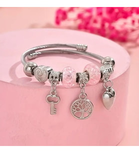 Pandora Tarz , Pembe Hayat Ağacı, Kalp ,Anahtar, Charmlı  Trend Bİleklik, Ahşap Kutu içerisinde