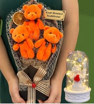 Kişiye Özel Büyük Boy 3'lü Peluş Ayıcık Buketi ve Led Işıklı Beyaz Melekli Fanus (Model 4)