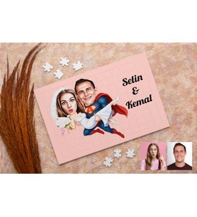 Karikatürlü Süper Adam ve Gelin Kişiye Özel Puzzle