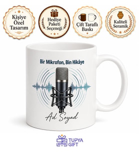 Podcast Mikrofonu Temalı Baskılı Kupa Bardak Podcaster Hediye Porselen Mug