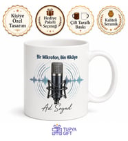 Podcast Mikrofonu Temalı Baskılı Kupa Bardak Podcaster Hediye Porselen Mug