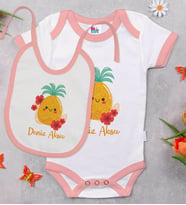 BK Kids Kişiye Özel Sevimli Ayı Tasarımlı Pembe Bebek Body Zıbın ve Mama Önlüğü Hediye Seti-1