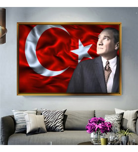 Tablore Türk Bayraklı Mustafa Kemal Atatürk Tablosu Çerçeveli Kanvas Tablo Modern Salon Dekoru
