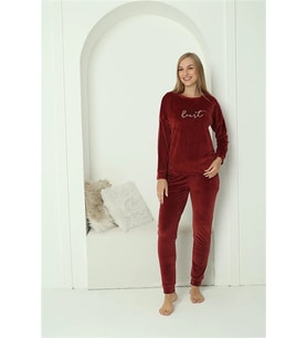 pilelistore- Kadın Kadife Bordo Pijama Takım