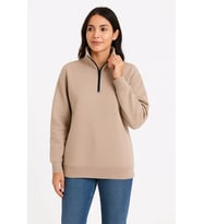 Kadın 3 İplik Dık Yaka Yarım Fermuarlı SweatShirt - Bej