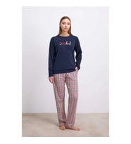 Arias Closet %100 Pamuklu Uzun Kol Sweatshirt ve Ekose Pantolon Pijama Takımı (Lacivert)