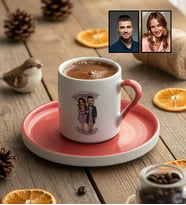 Kişiye Özel Karikatürlü Yürüş Yapan Romantik Sevgililer Türk Kahvesi Fincanı Sevgililer Günü Hediyesi
