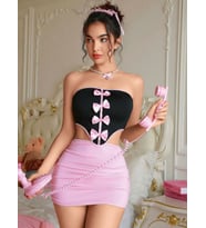 Kadın Pembe Etekli Fiyonk Detaylı Fantezi Elbise 2154