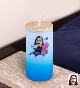 BK Gift Kadınlar Gününe Özel Karikatürlü Mavi Renk Pipetli Buzlu Cam Bardak 600ml - 1, 8 Mart Kadınlar Günü