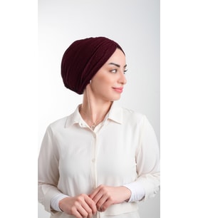 Bordo Pratik Hazır Geçmeli Tesettür Bone Fukuro Simli Büzgülü 2116_16