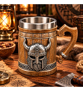 Viking Miğfer Figürlü 3D Kupa Paslanmaz Çelik İç Hazneli Orta Çağ Dekoratif Bardak 14x9 Cm