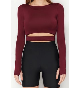 Moda Bisiklet Yaka Örme Fit Düz Desen Sportswear Crop Uzun Kol Bluz (Bordo)